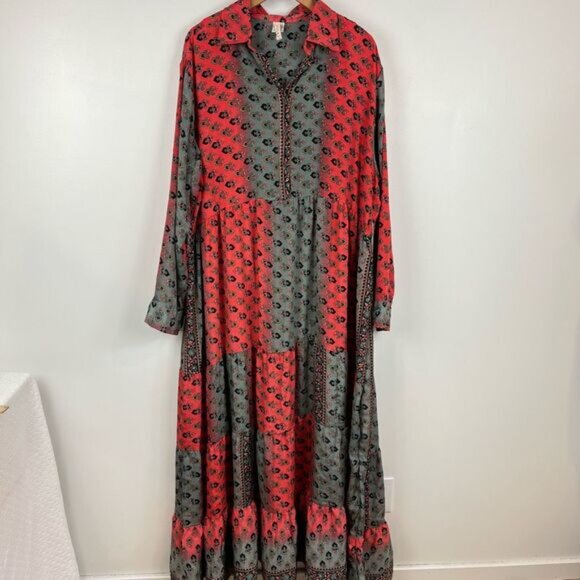 Raga Women's 2X Plus Red Orange Navy Blue Boho Maxi Dress Gown Long Sleeve Boho - Picture 12 of 15